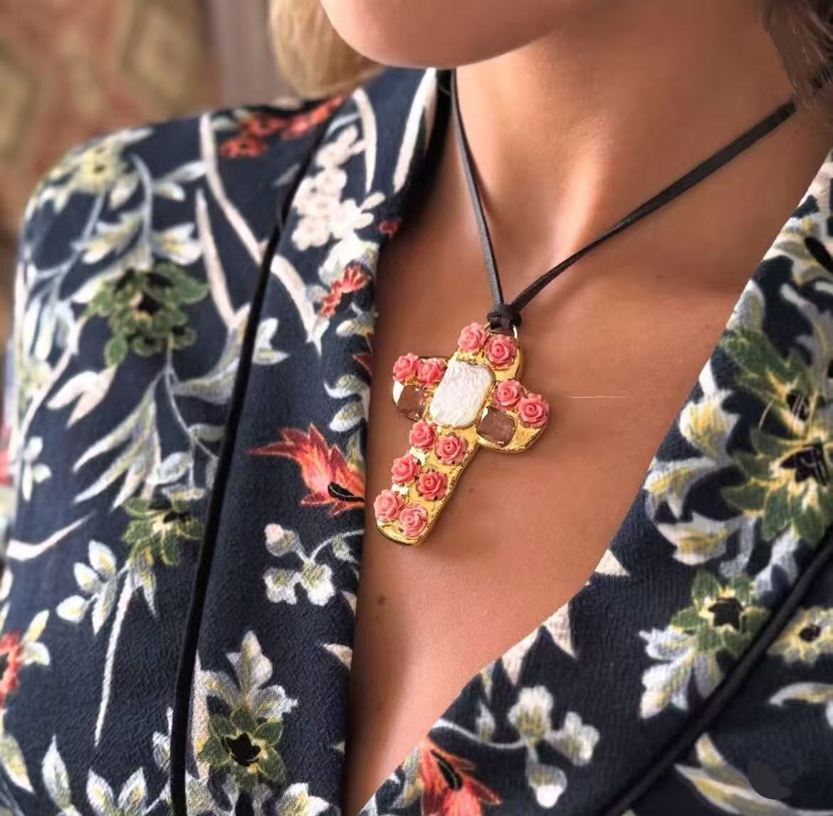 Rose Flower Cross Pendant Necklace