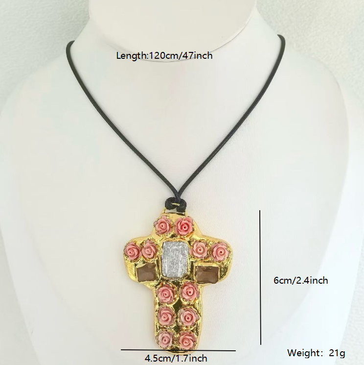 Rose Flower Cross Pendant Necklace