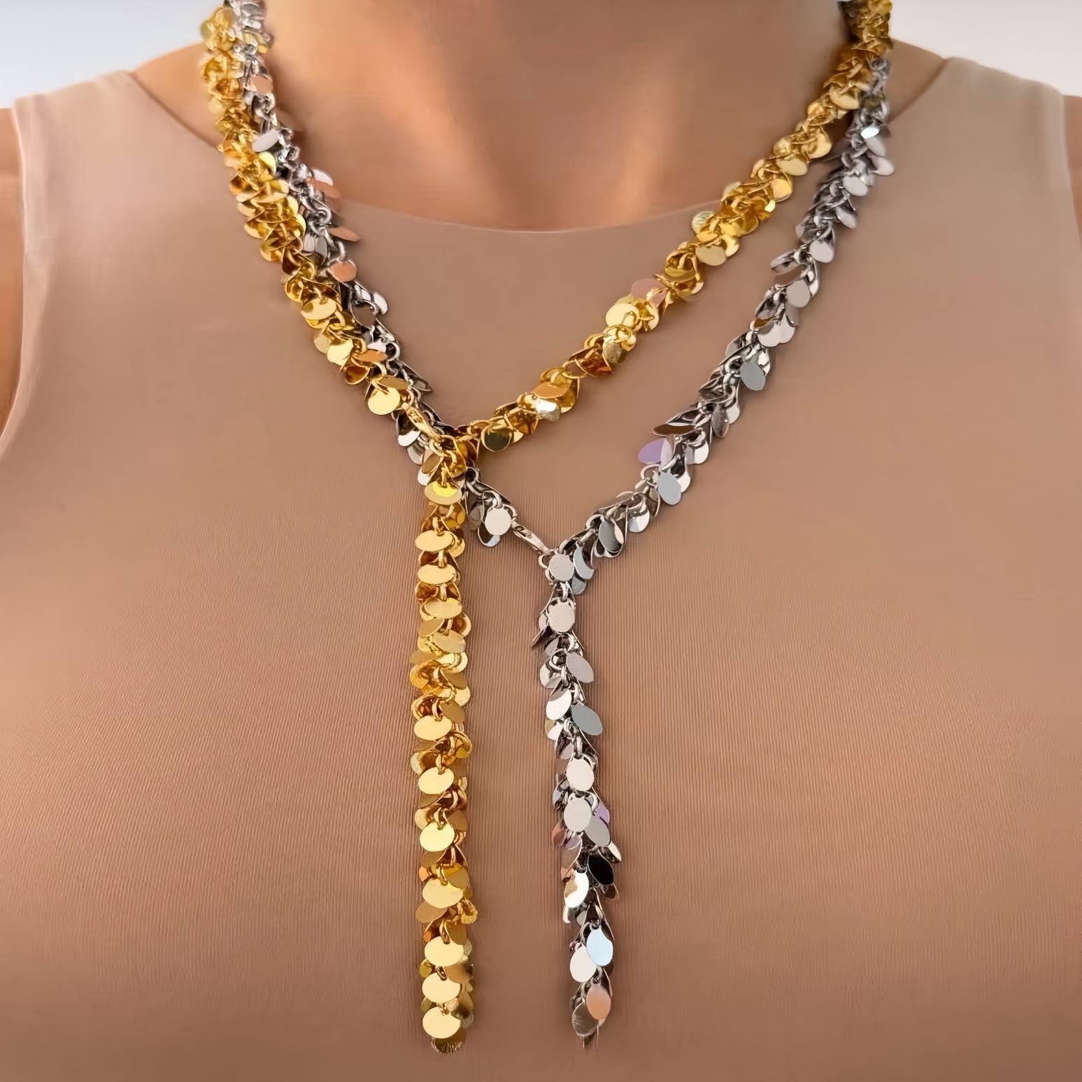 Gold Plated Disc Sequin Tassel Y Necklace