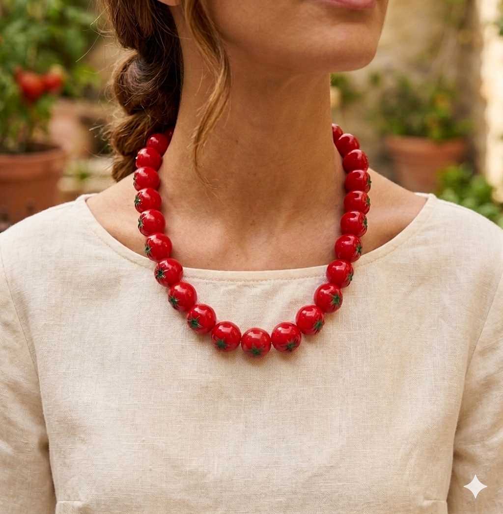 3D Red Tomato Fruit Beaded Necklace